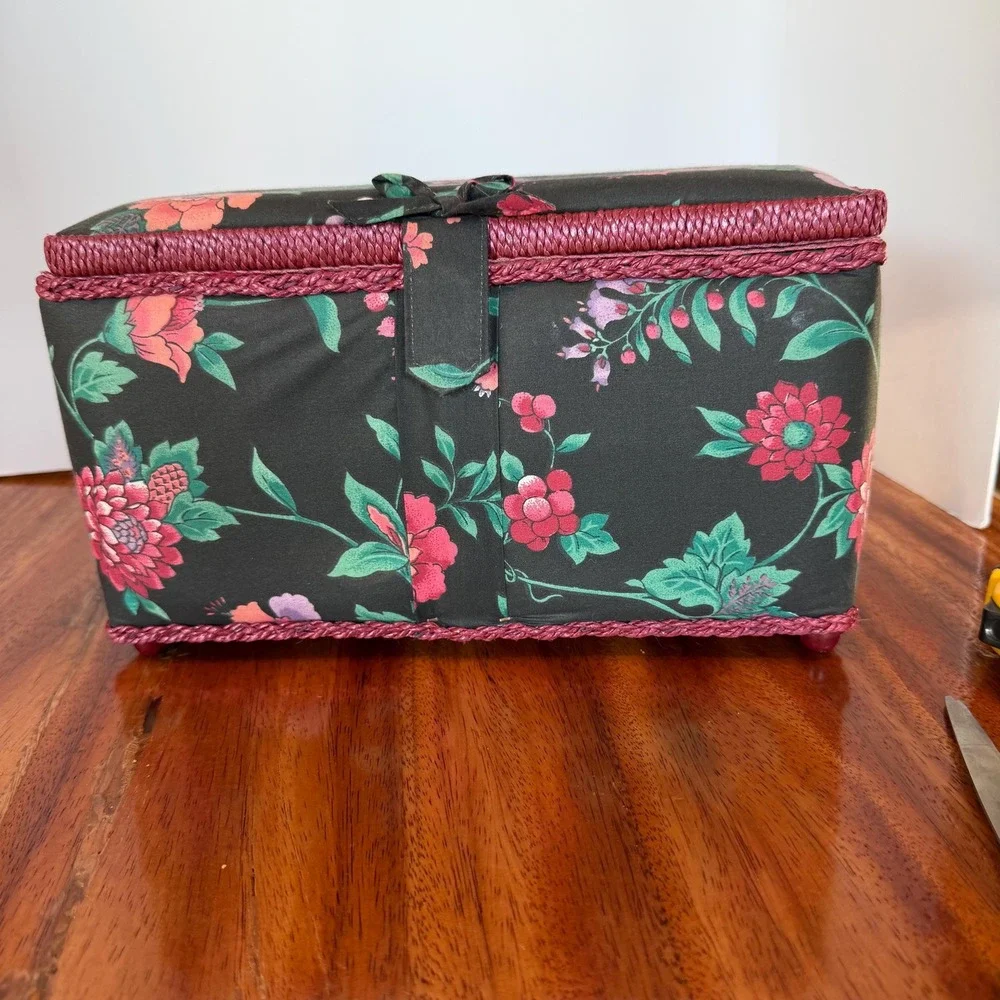 Vtg Sewing Basket Box Padded Fabric with Handle